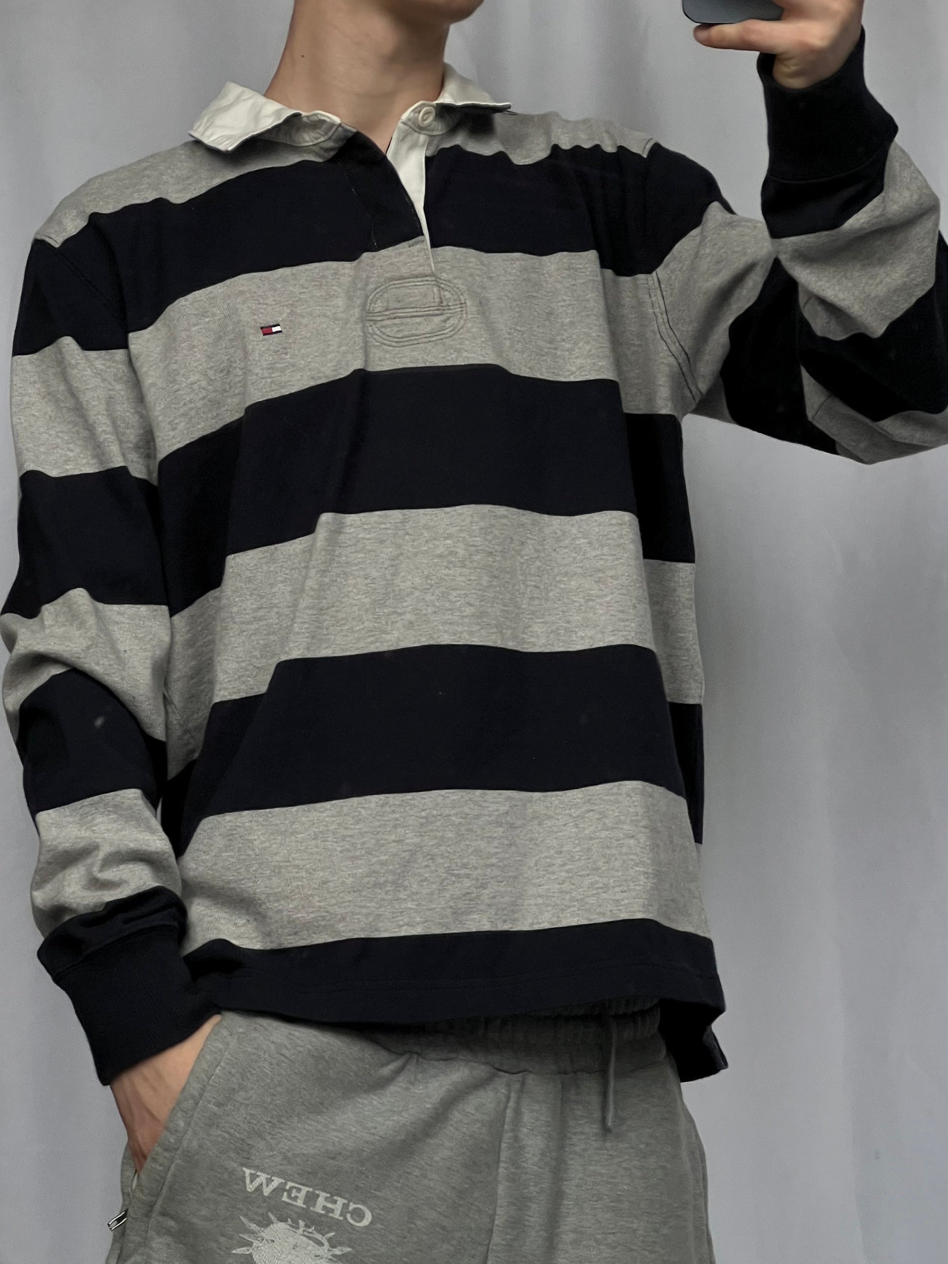 Vintage rare 00s heavy cotton striped Tommy Hilfinger polo longsleeve
