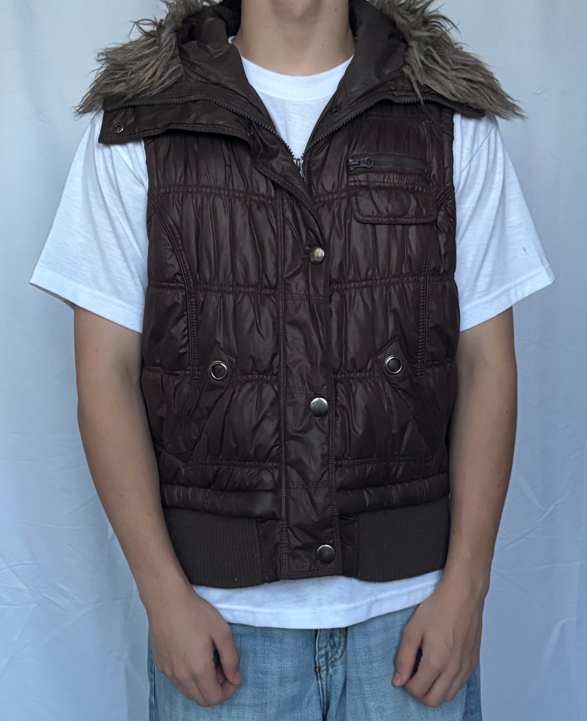 Y2K fur hood puffer vesta hnědá uni.