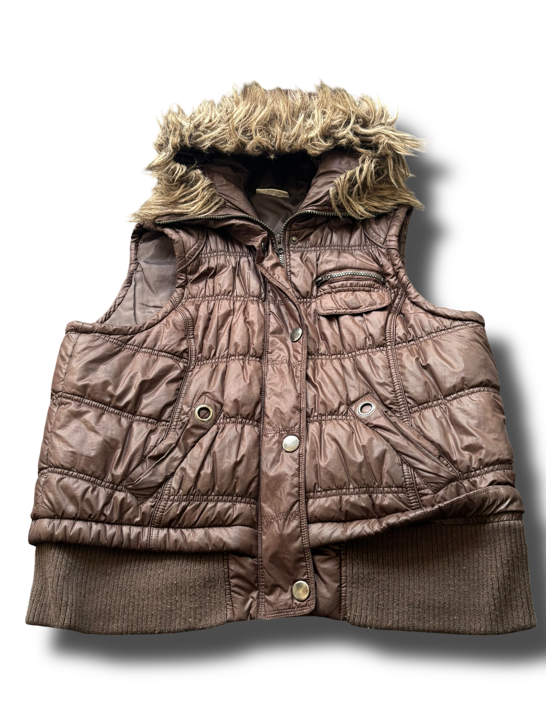Y2K fur hood puffer vesta hnědá uni.